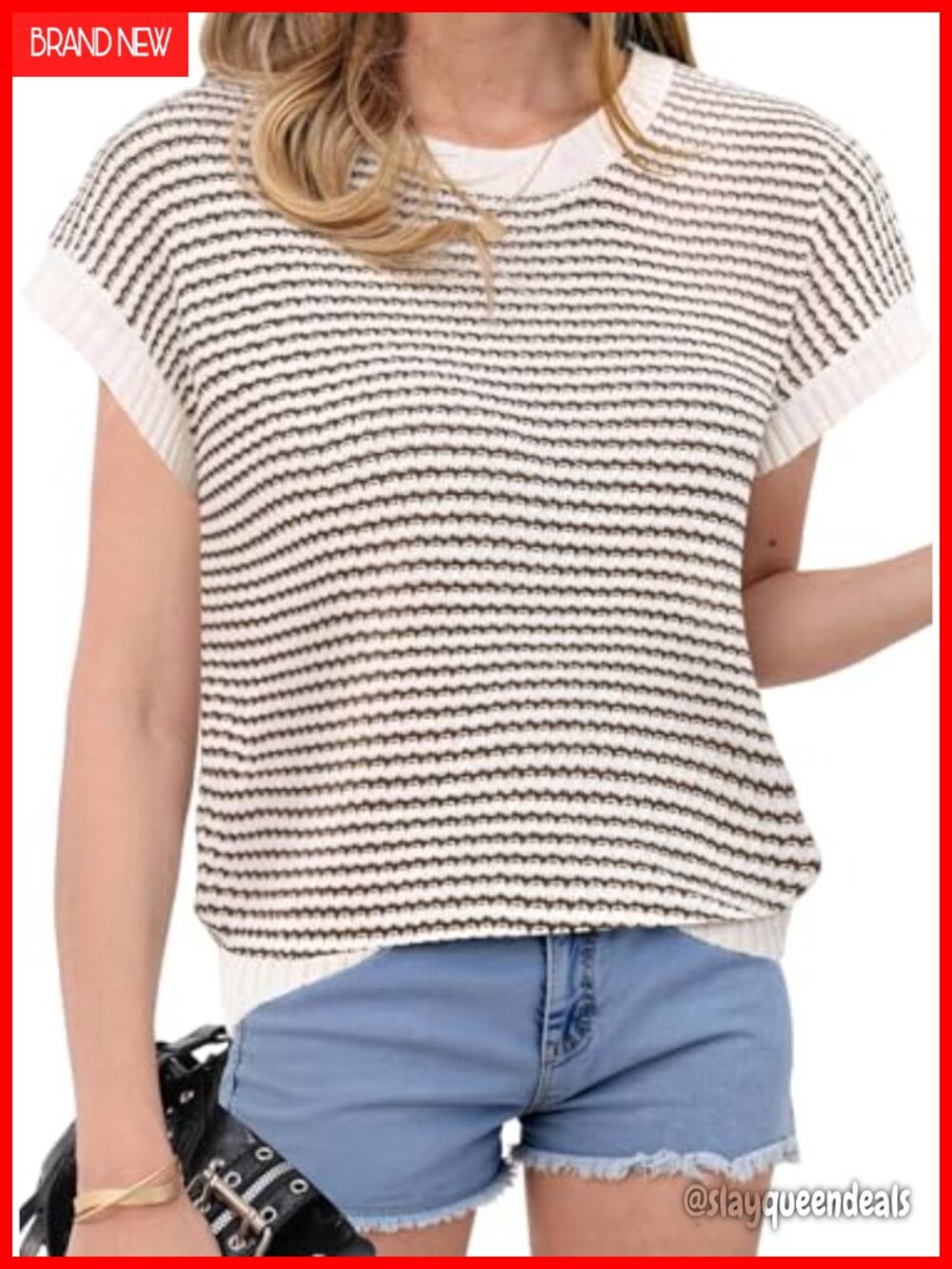Womens Striped Knit Sweater Vest Cap Sleeve Business Casual Top